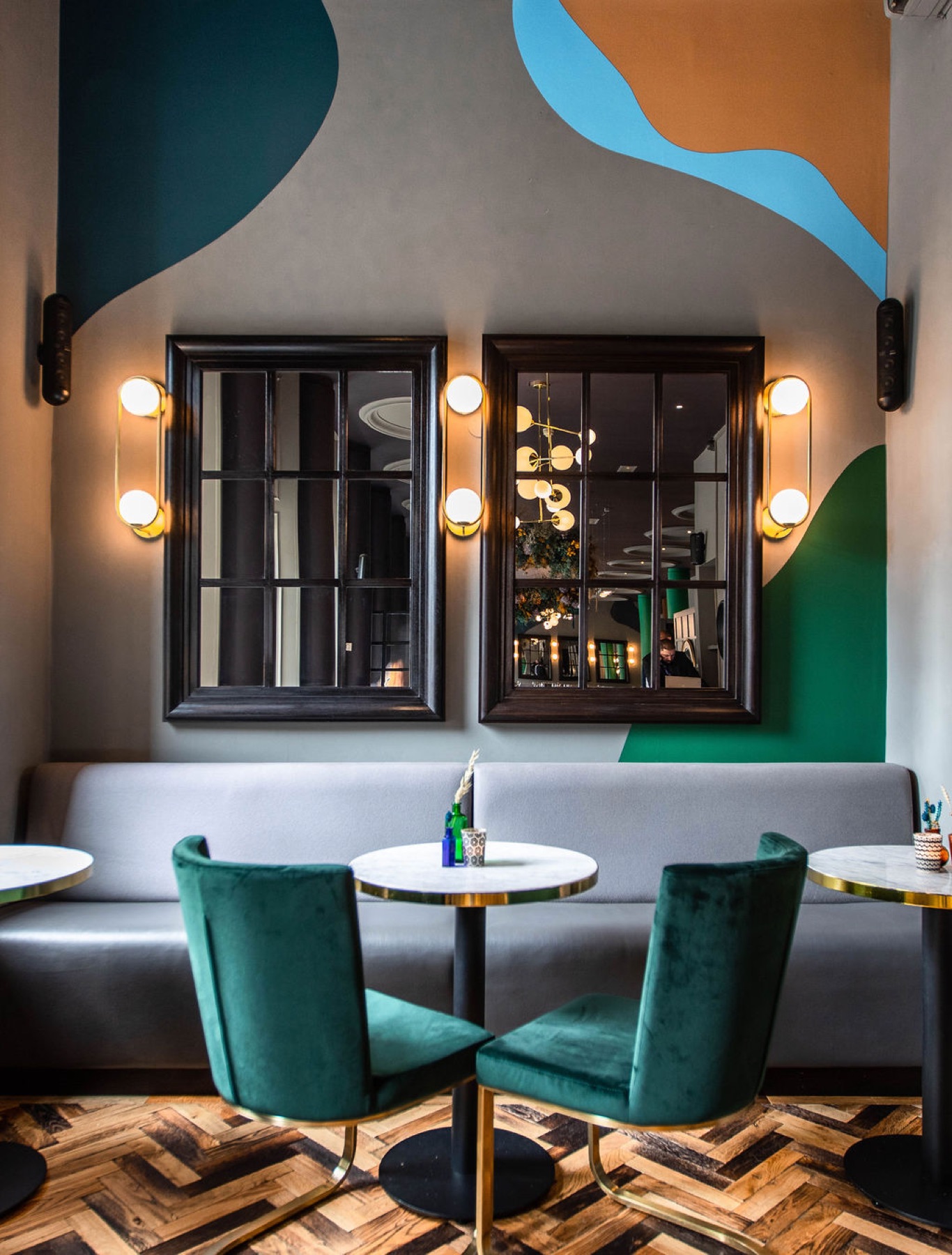 The banquette seating in the Members Lounge at Glaschu, dressed for an event